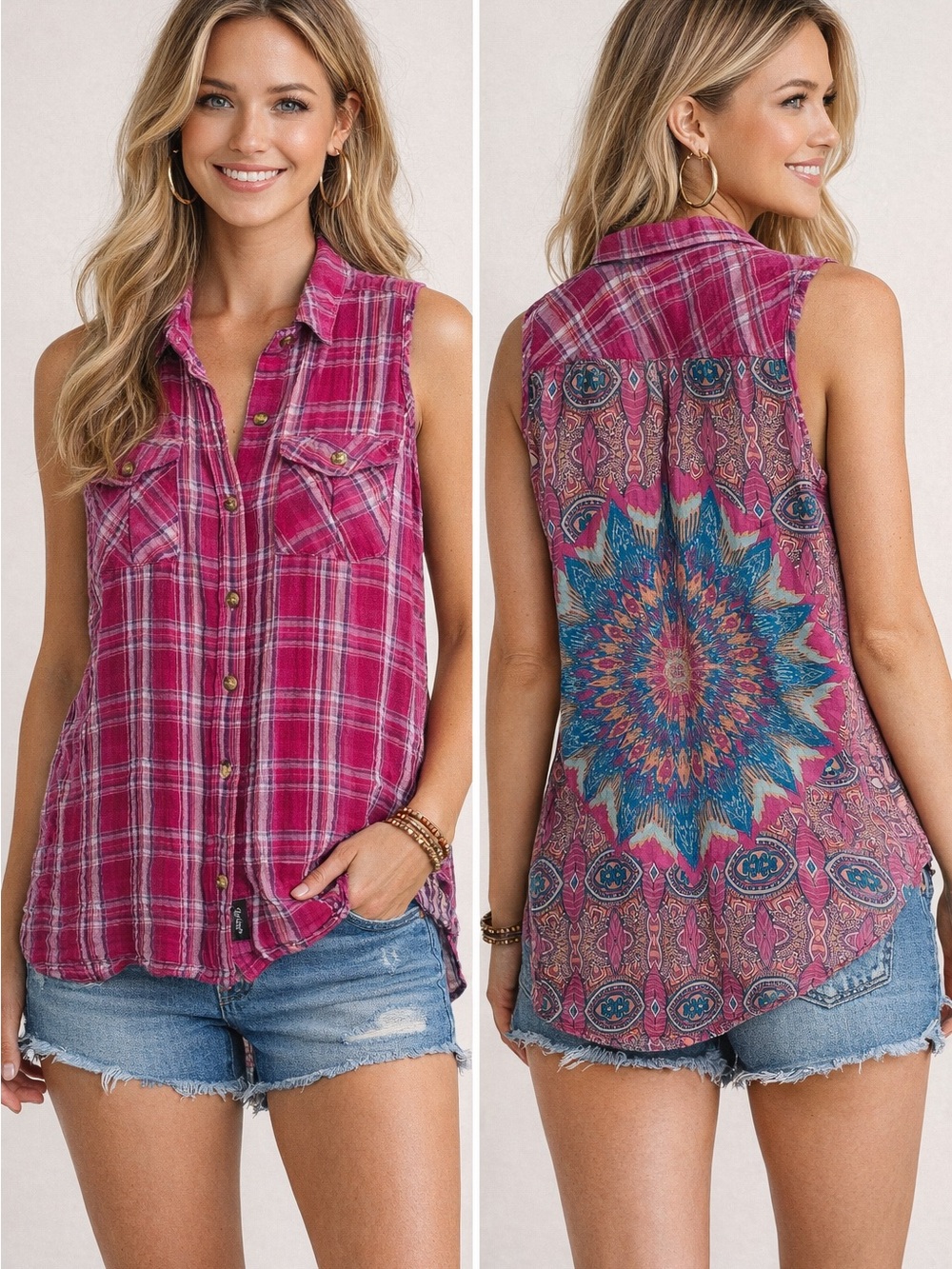 Tolani Boho Sleeveless Top XL Pink Plaid Mixed Print Hi Low Anthropologie Style